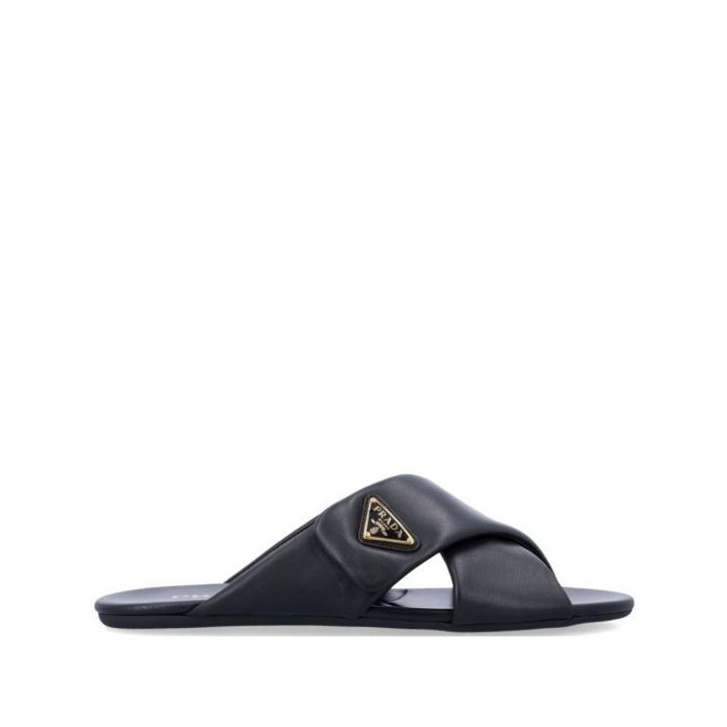Triangle Logo Cross Banding Leather Slides