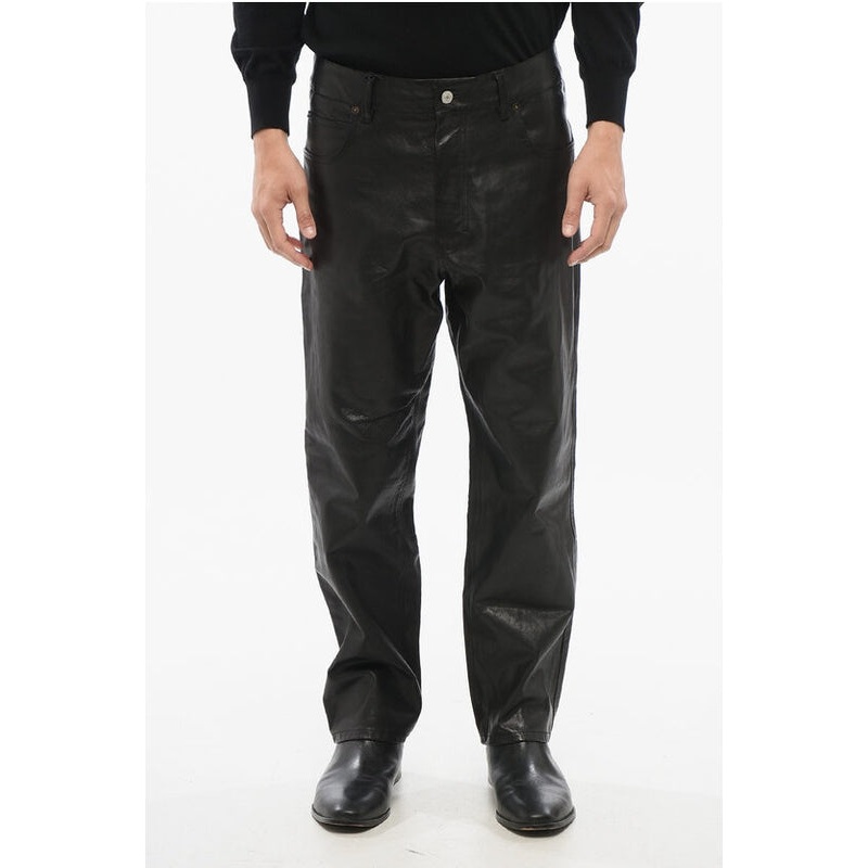 5-Pocketed Leather Pants with Belt Loops Trousers