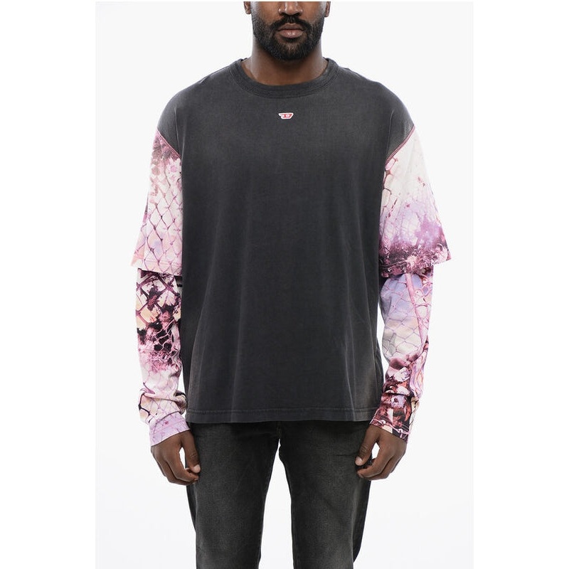 Oversized T-WESHER-N5 T-Shirt with Patterned Double-Layer Sl Long Sleeve