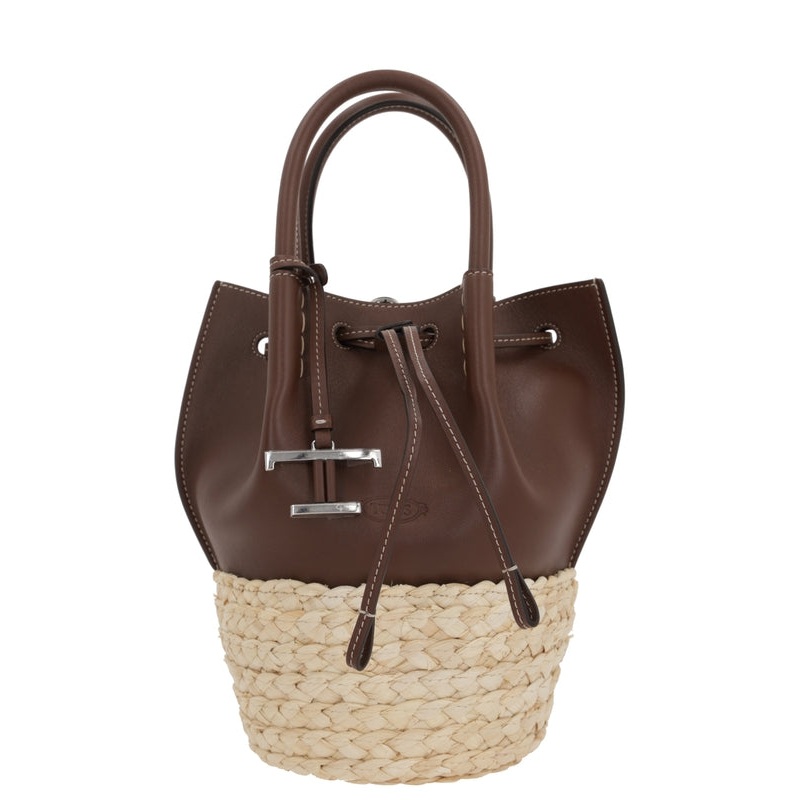T Logo Charm Leather Raffia Medium Tote Bag