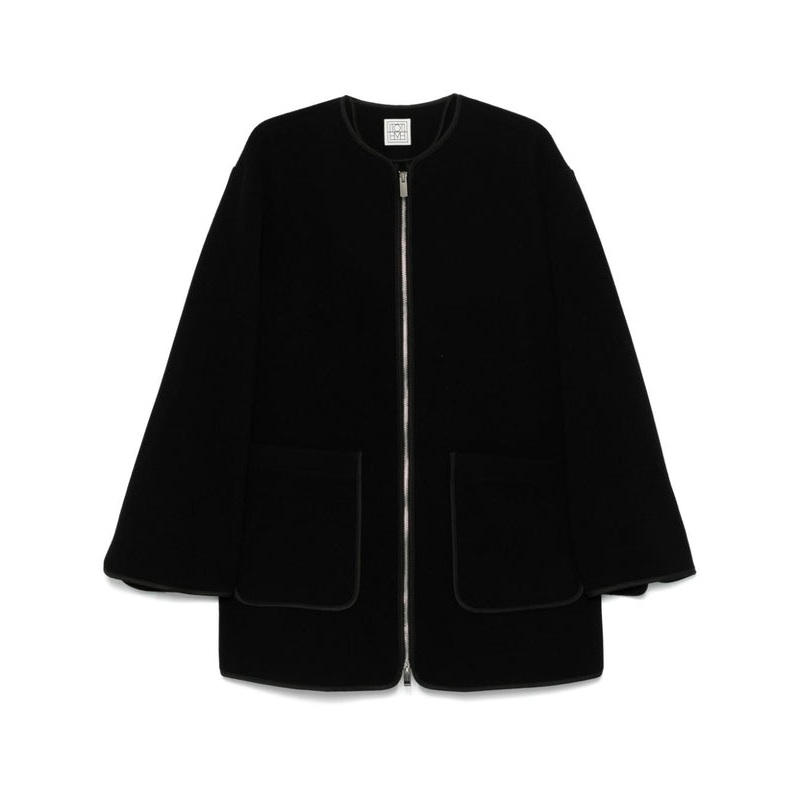 Piping Collarless Wool Nylon Zip Jacket