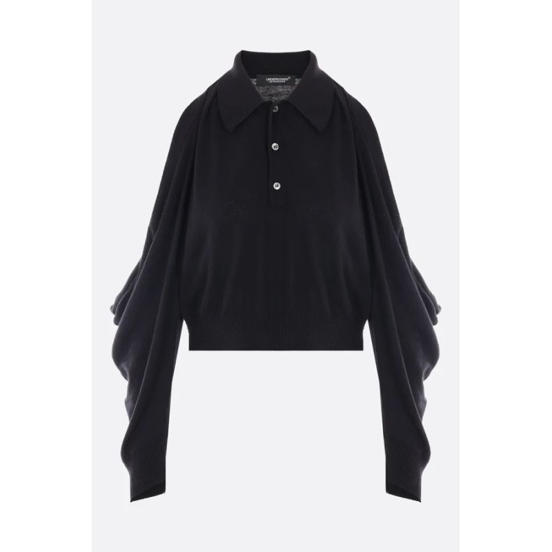 Wide Gathered Sleeve Cotton Silk Knit Polo Shirt
