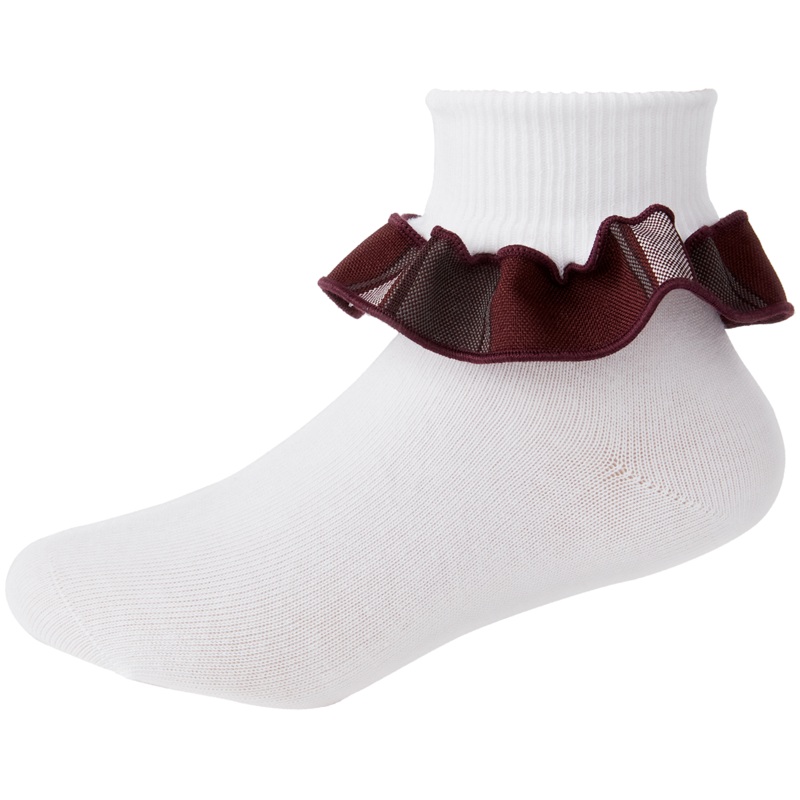 Ruffle Ankle Socks|248 – Bordeaux Plaid|Size Range – S Small|Size Range – M Medium|Size Range – L Large|Size Range – XL Extra Large