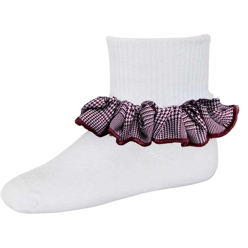 Ruffle Ankle Socks|450 – Maroon and White Shadow Plaid|Size Range – S Small|Size Range – M Medium|Size Range – L Large|Size Range – XL Extra Large