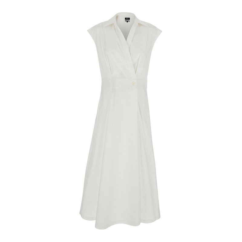 ‘Athena’ White Sleeveless V-Neck Dress in Cotton Woman Midi Dress