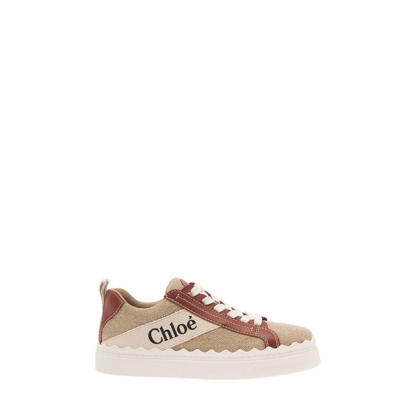 ‘Lauren’ Beige Low Top Sneakers with Logo Detail and Brown Leather Trim in Canvas Woman Low Top Sneakers