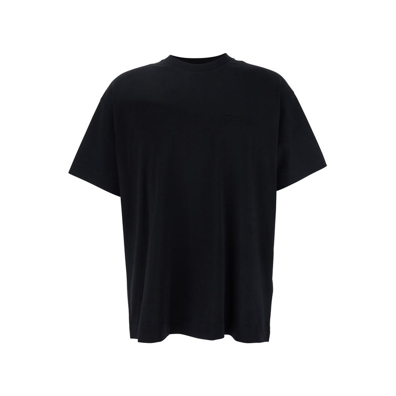 Black Crewneck T-Shirt with Embossed Logo on Front in Cotton Man Half Sleeve