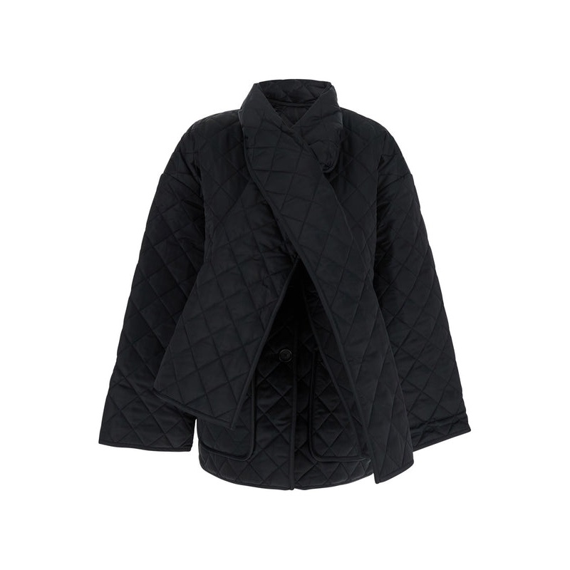 Black Quilted Jacket with Scarf on the Front in Tech Fabric Woman Jackets