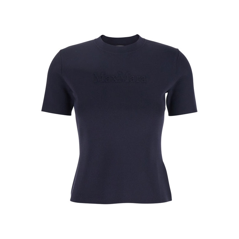 Blue Crewneck T-Shirt with Tonal Logo Lettering on the Front in Viscose Blend Woman Half Sleeve