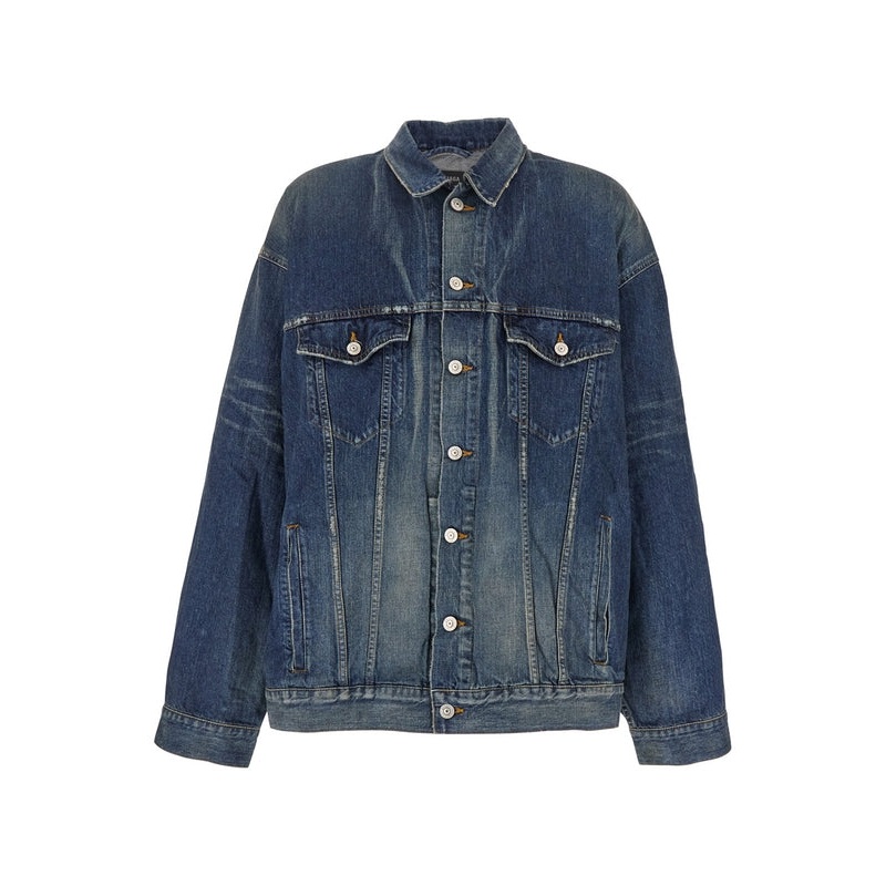 Blue Jacket with Classic Collar and Maxi Logo Print on the Rear in Denim Man Trucker
