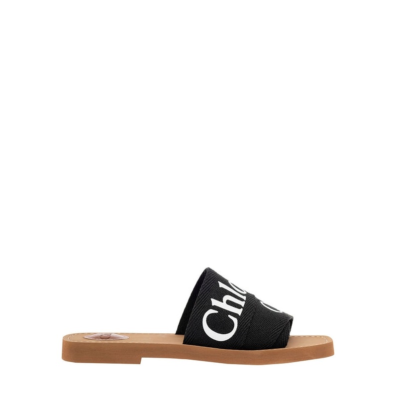 Chlo Woman’s Black Canvas Sandals with Logo Slides