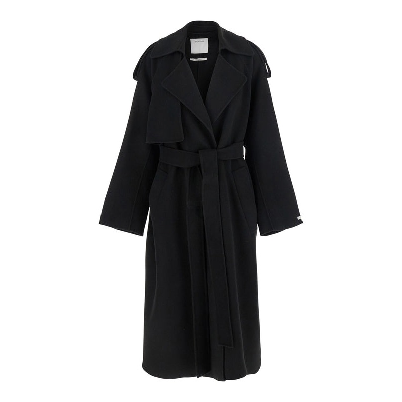 ‘Fiore’ Black Double-Breasted Coat with Wide Notched Revers and Belt Closure in Wool Woman Coats
