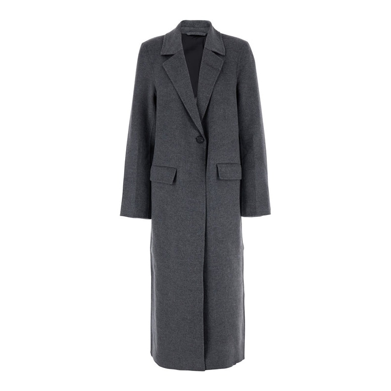 Grey Single-Breasted Coat with Notched Revers and Epaulettes in Wool Woman Coats