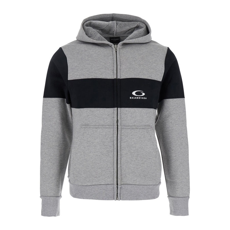 Grey Sweatshirt with Zip, Hood and Logo Printed on the Front in Cotton 
Man Jackets