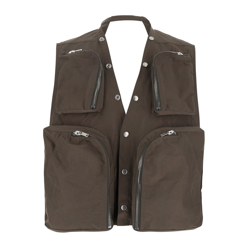 Grey Vest with V-Neck and Cargo Pockets in Cotton Man Vests