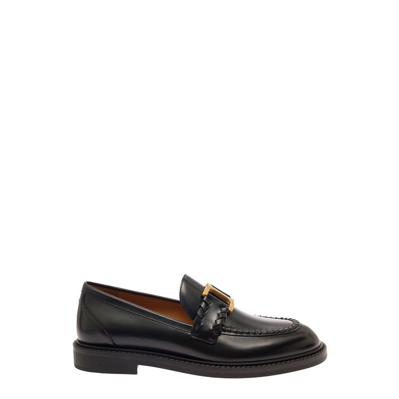 ‘Marcie’ Black Loafers with Gold-Colored Metal Logo in Smooth Leather Woman Loafers