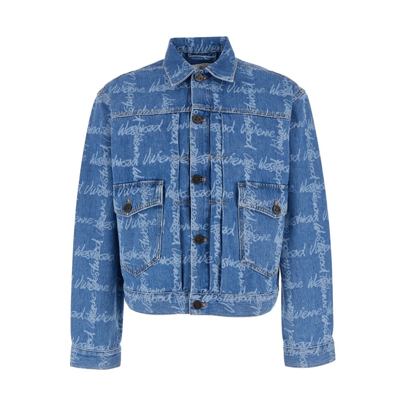 ‘Marlene’ Blue Jacket with All-Over Printed Lettering Logo in Denim Man Trucker