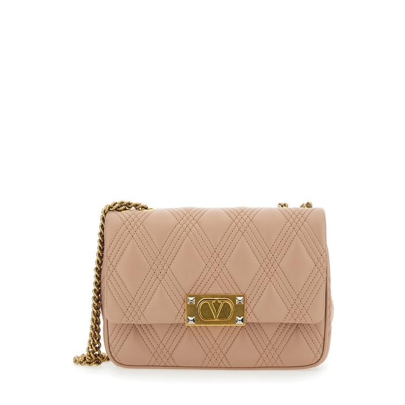 ‘Quiltie 67’ Pink Shoulder Bag with VLogo Metallic Plate on the Front in Quilted Leather Woman Crossbody & Shoulder Bags