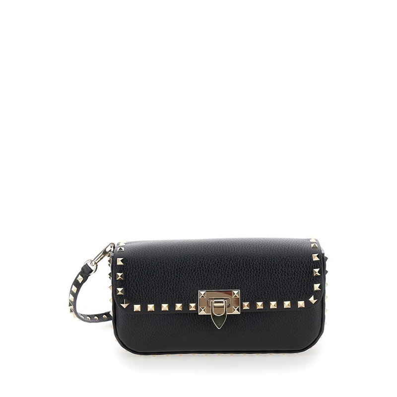 ‘Rockstud’ Black Crossbody Bag in Grained Leather Woman Crossbody & Shoulder Bags