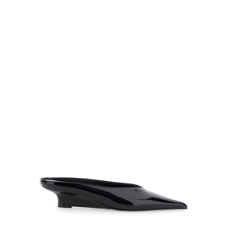 ‘Sharp’ Black Wedge Mules in Patent Leather Woman Flat Shoes
