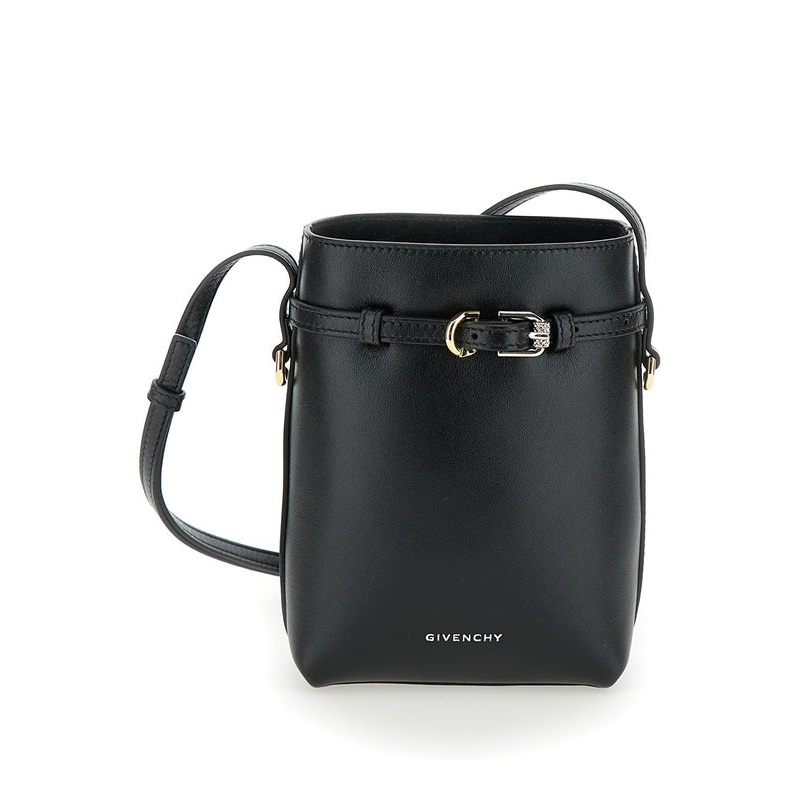 ‘Voyou’ Black Crossbody Bag with Laminated Logo and Buckle in Leather Woman Bucket Bags