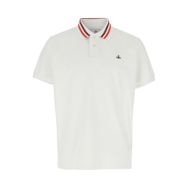 White Polo Shirt with Contrasting Collar and Orb Logo Detail on the Front in Cotton Man Polo Shirts