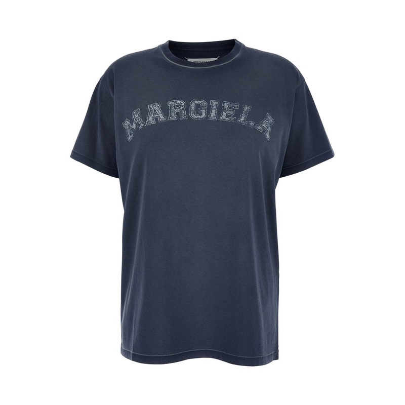 Blue Crewneck T-Shirt with Logo Lettering Print in Cotton Woman Half Sleeve