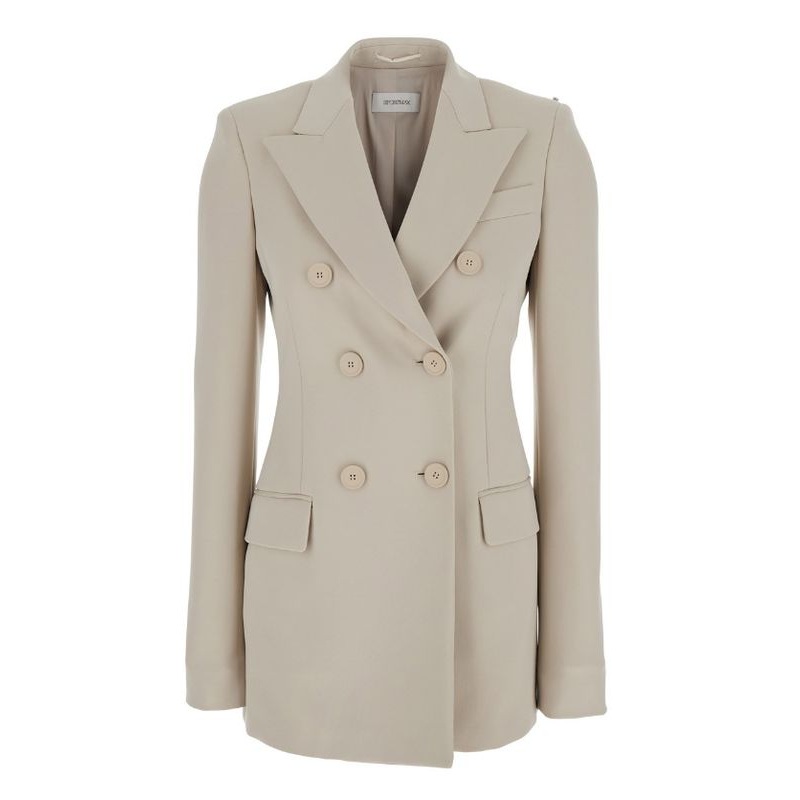 ‘Frizzo’ Beige Double-Breasted Jacket with Peak Revers in Tech Fabric Stretch Woman Tailored Jackets