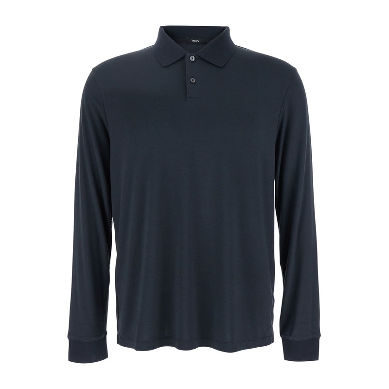 ‘Goris’ Blue Polo Shirt with Classic Collar and Long Sleeves in Tech Fabric Stretch Man Polo Shirts