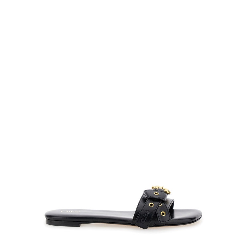 ‘Mae’ Black Slip-On Sandals with Embossed Logo on the Insole in Leather  Woman Sandals