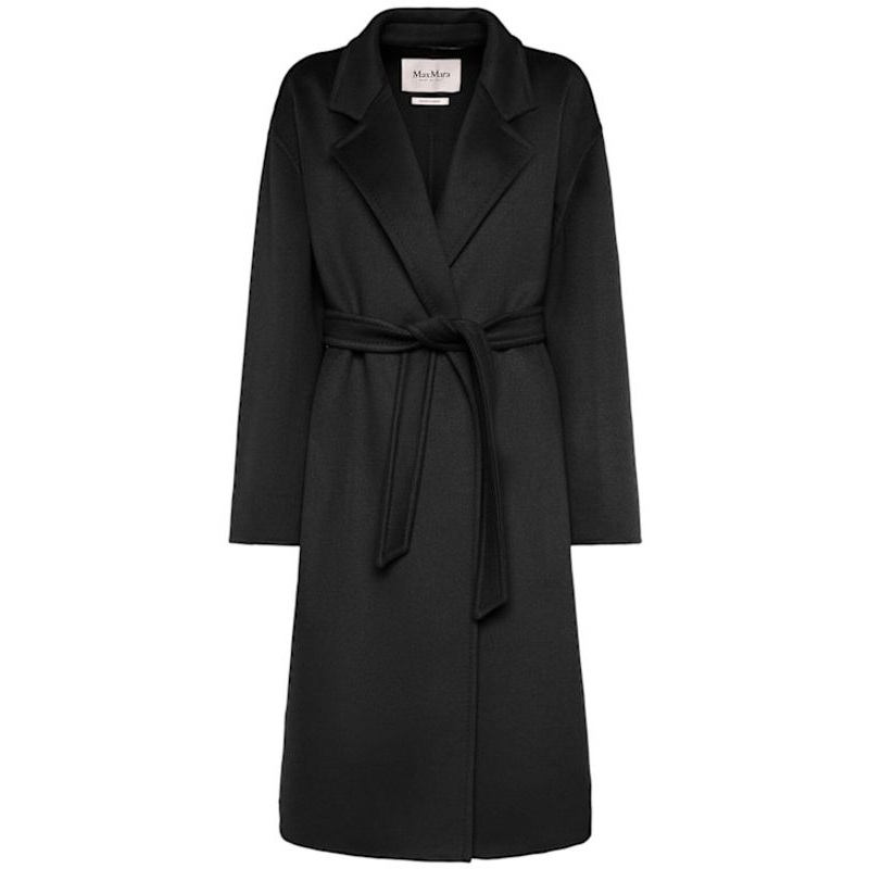 ‘Melinda’ Black Single-Breasted Coat wiht Notched Revers and Front Belt Closure in Cashmere Woman Coats
