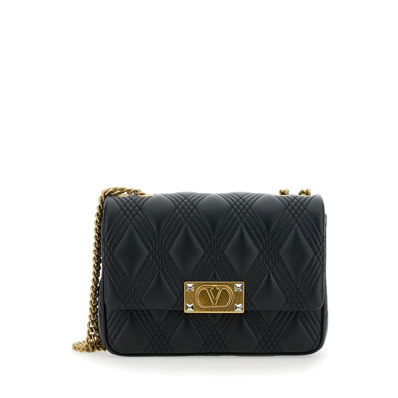 ‘Quiltie 67’ Black Shoulder Bag with VLogo Metallic Plate on the Front in Quilted Leather Woman Crossbody & Shoulder Bags