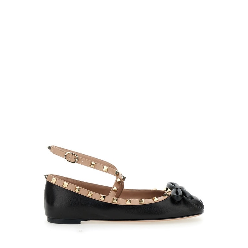 ‘Rockstud’ Black Ballet Flats with Bow Detail in Smooth Leather Woman Flat Shoes