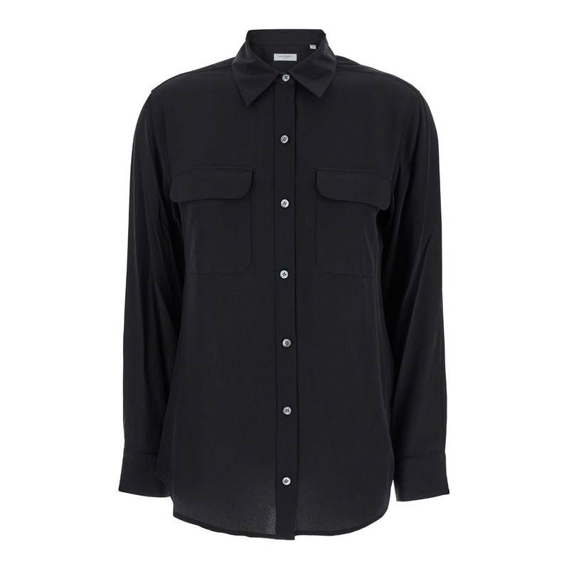 ‘Signature’ Black Shirt with Patch Pockets in Silk Woman Shirts & Blouses