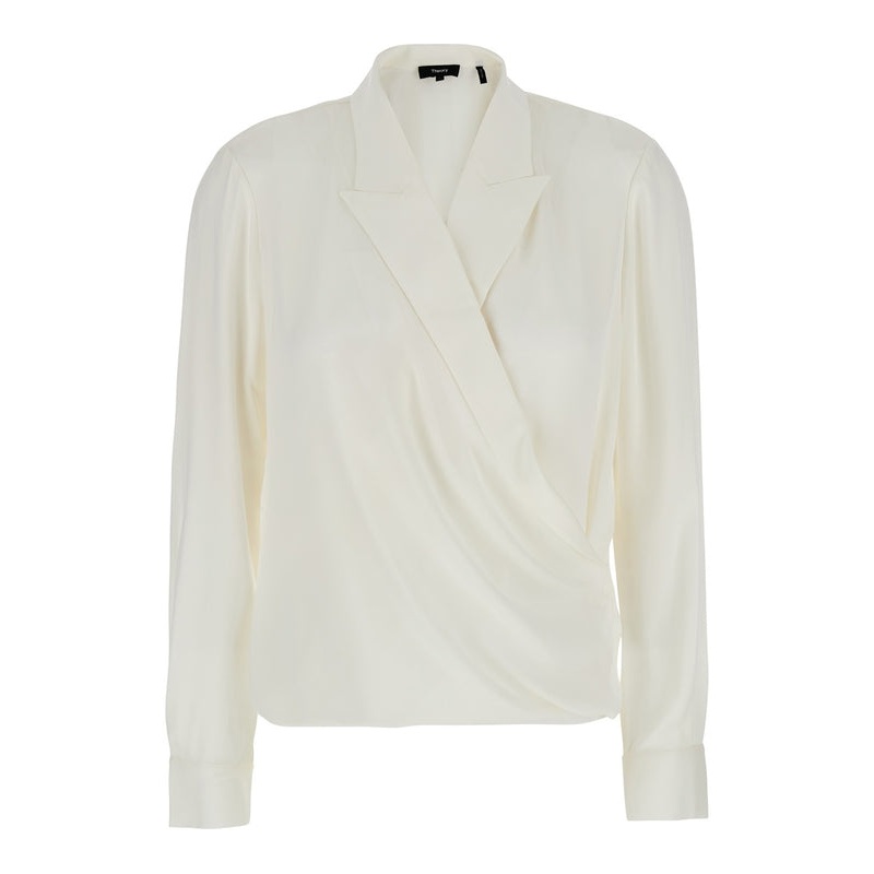 White Blouse with Peak Revers and Crossover Neck in Silk Woman Shirts & Blouses