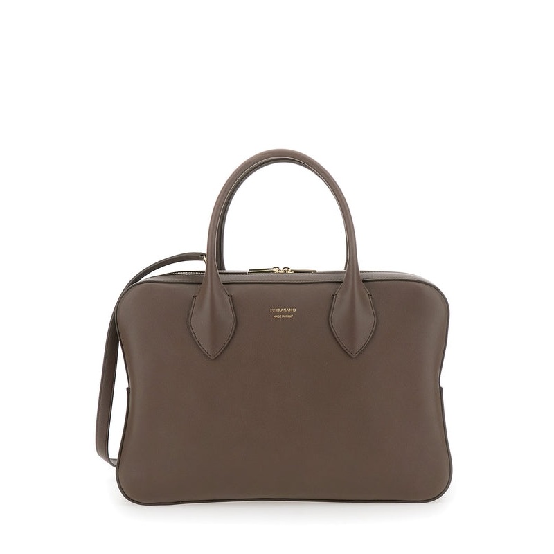 Brown Handbag with Three Zips and Logo Printed on the Front in Leather Woman Tote Bags