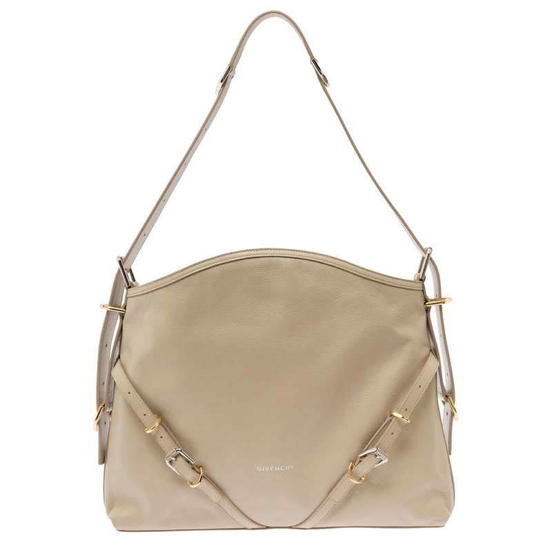 ‘Voyou’ Beige Shoulder Bag with Embossed Logo in Smooth Leather Woman Tote Bags