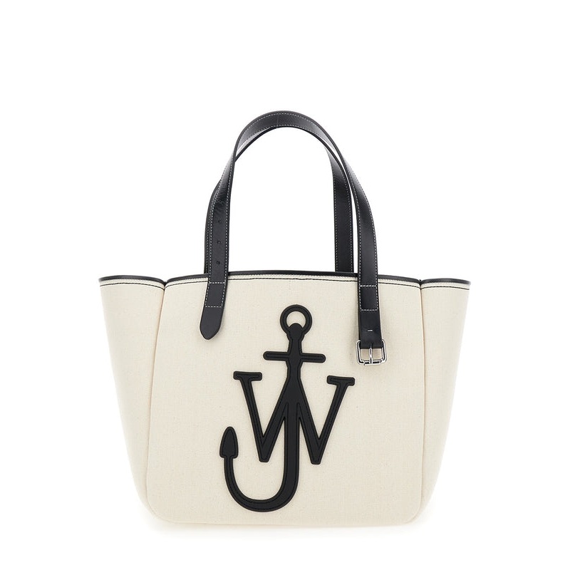 White Shopper with JW Logo on the Front in Canvas and Leather Woman Tote Bags