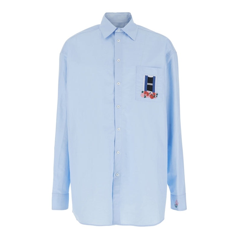 Light Blue Shirt with Classic Collar and Embroidery Detail on Front and Cuff in Linen and Cotton Blend Man Shirts