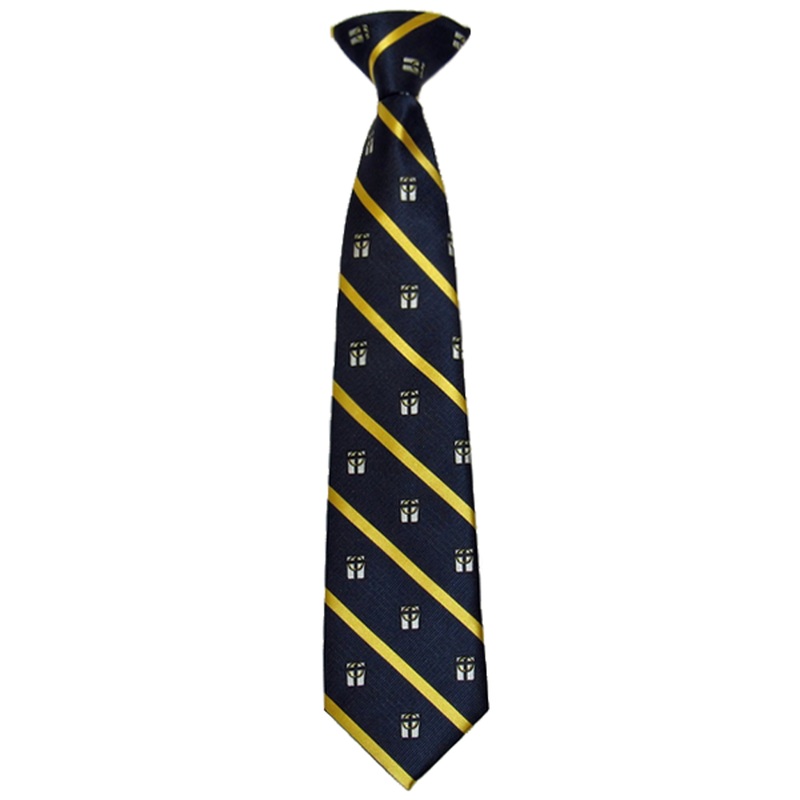 Clip-On Tie|266 – Navy with Gold Stripe-Crest|Size Range – 12|Size Range – 15|Size Range – 18